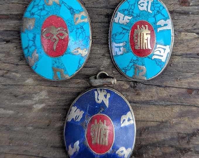 Handmade Tibetan Kalachakra pendant with turquoise, Coral and Lapis Lazuli inlaid (p7-042)