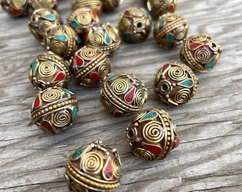 Huge 1.5-inch Tibetan Handcraft Beads: Rice bean-shaped ethnic Himalayan bead with circles design brass turquoise coral inlays
