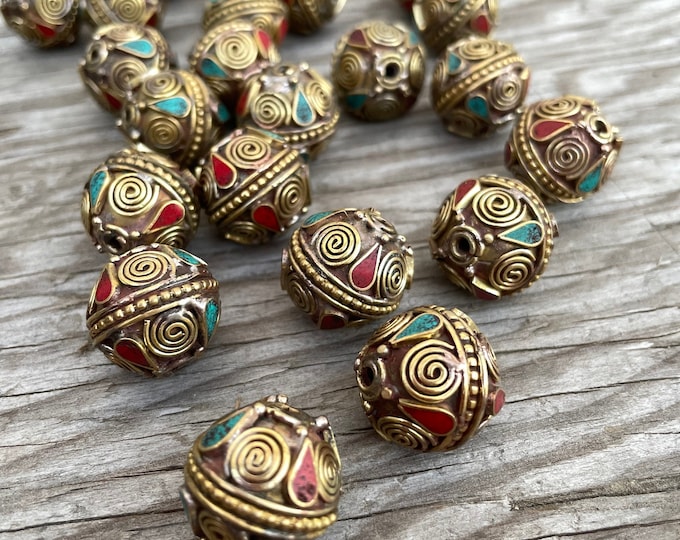 Huge 1.5-inch Tibetan Handcraft Beads: Rice bean-shaped ethnic Himalayan bead with circles design brass turquoise coral inlays