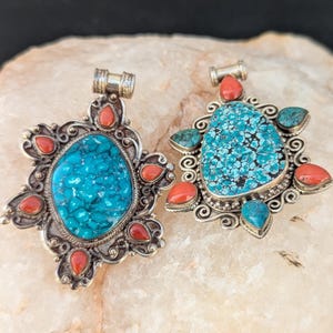 Sterling silver Tibetan medallion pendant collection with Turquoise and Red coral gemstone (p7-019)