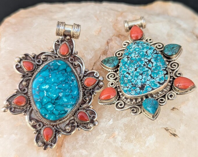 Sterling silver Tibetan medallion pendant collection with Turquoise and Red coral gemstone (p7-019)