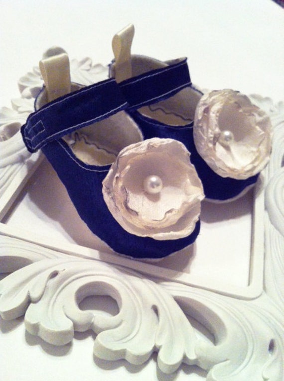 Items similar to Navy blue satin infant Mary Jane shoes with handmade