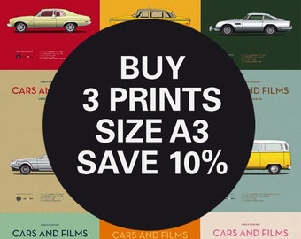 Discount Set - Inspired Movie posters - Any 3 Prints A3 - Save 10% - Size A3 - Carsandfilms. Wall Art. Home decor. Famous cars posters