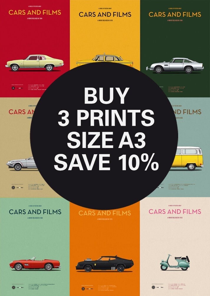 Discount Set - Inspired Movie posters - Any 3 Prints A3 - Save 10% - Size A3 - Carsandfilms. Wall Art. Home decor. Famous cars posters