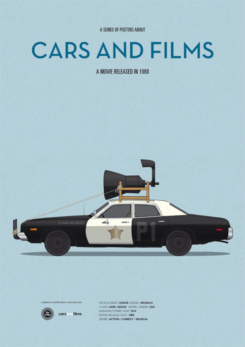 Blues Brothers car movie poster, art print Cars And Films, Movie poster for Car Lovers. Home decor. Wall Art print. Iconic Cars poster image 2