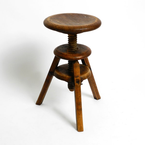 Original 30s French industrial swivel stool made of heavy oak