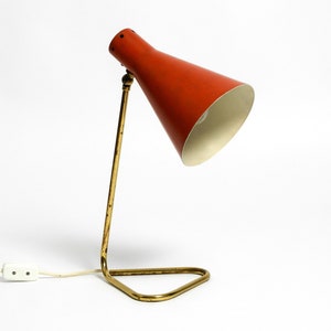 Rare large Mid Century Modern brass table lamp with brick red shade