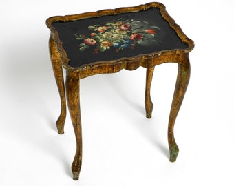 Beautiful, rare wooden side table from around 1900 with a gilded frame and hand-painted surface