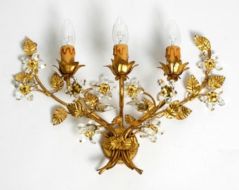 1980s large wide Italian gilt Florentine wall lamp with three sockets