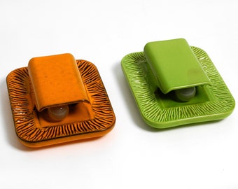 Pair of extraordinary orange and green glazed 1960s ceramic wall lights by Kaiser Leuchten