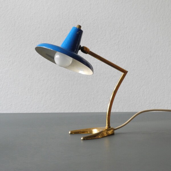 Wonderful very extraordinary small 50s brass table lamp with blue metal lampshade