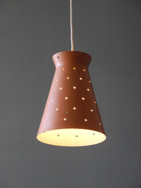 Italian Mid Century Modern Conical Pendant Lamp Made Of Perforated Metal Brick Red