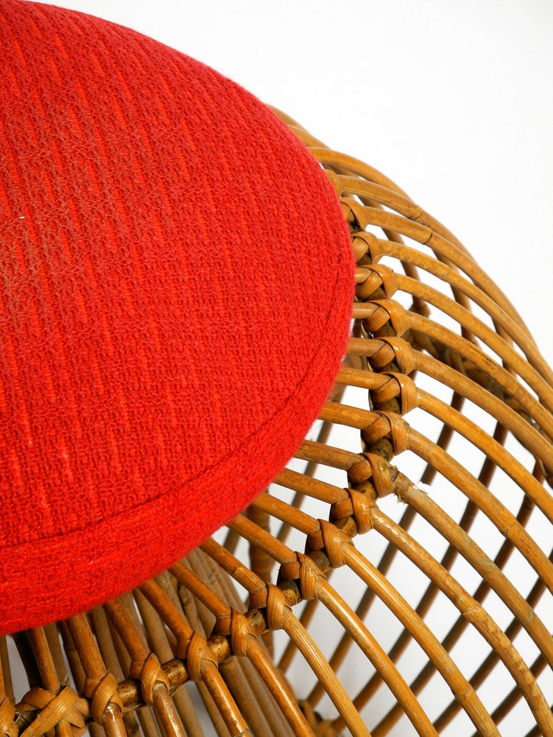 Beautiful extraordinary original 60s Italian bamboo rattan stool with its original seat cushion image 7