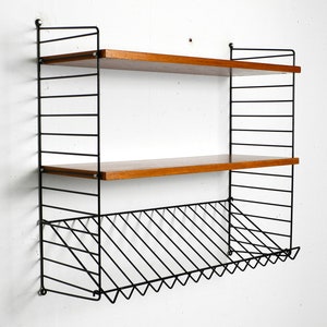 Original 1960s Nisse Strinning teak string shelf with two 30 cm deep shelves and one magazine rack