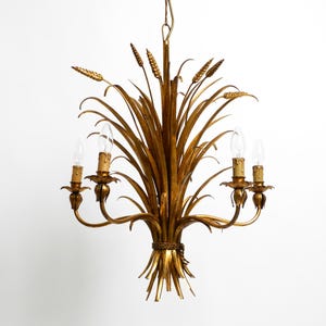Beautiful huge 1970s gold-plated 5-arm tall metal chandelier by Hans Kögl