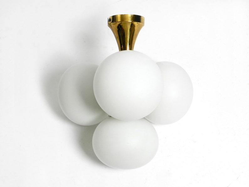 Beautiful rare 1960s Space Age Kaiser Leuchten brass ceiling lamp with 4 white oval glass spheres image 4