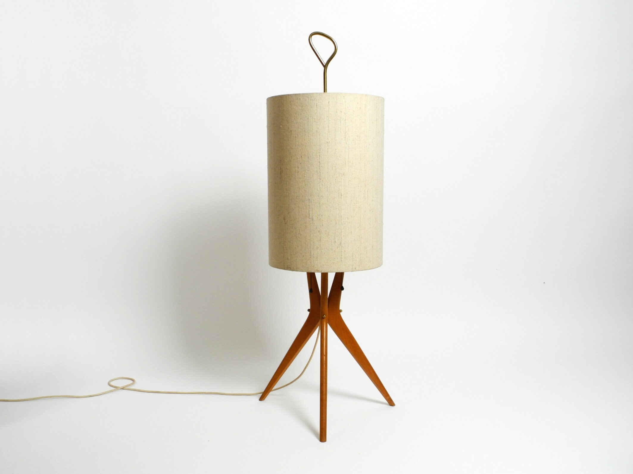 Beautiful Mid Century Modern tripod walnut wood floor lamp with large fabric shade | height 46.5"