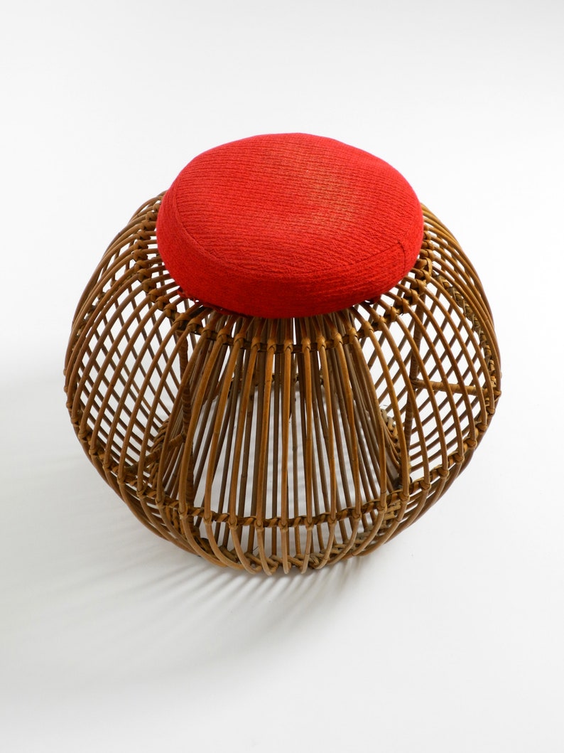 Beautiful extraordinary original 60s Italian bamboo rattan stool with its original seat cushion image 3