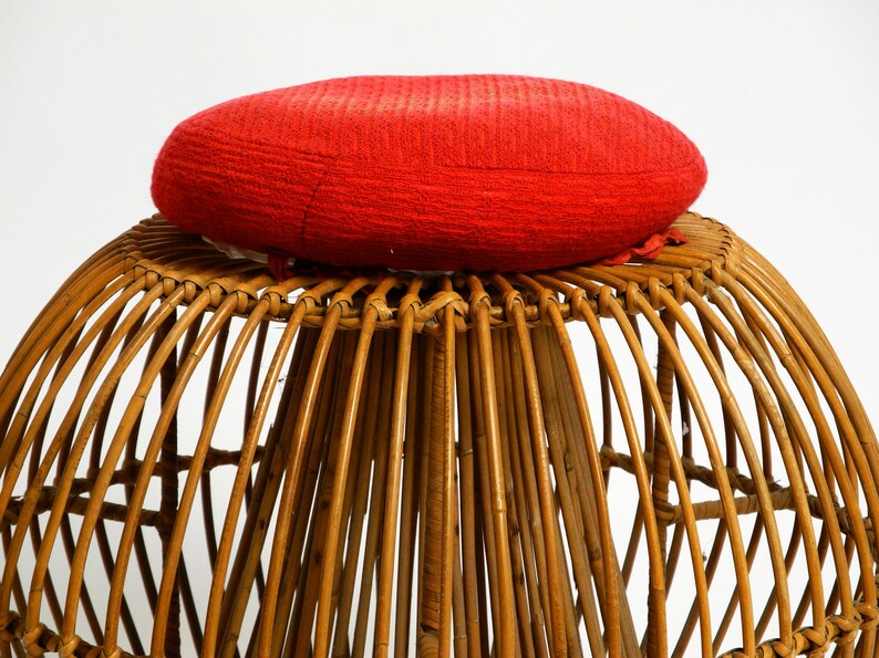 Beautiful extraordinary original 60s Italian bamboo rattan stool with its original seat cushion image 9