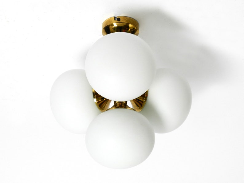 Beautiful rare 1960s Space Age Kaiser Leuchten brass ceiling lamp with 4 white oval glass spheres image 2