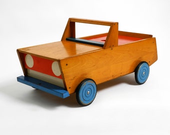 Große Mid Century Holz Auto zum reinsetzen und ziehen in Originalzustand | Länge 80 cm