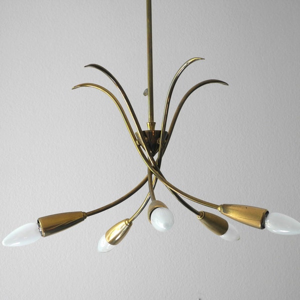 Zeer zeldzame oorspronkelijke 50s half eeuw messing Sputnik plafond lamp met 5 armen