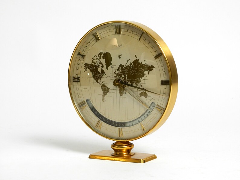 Rare large heavy mechanical Mid Century brass world time clock by Heinrich Johannes Möller for Kienzle image 3