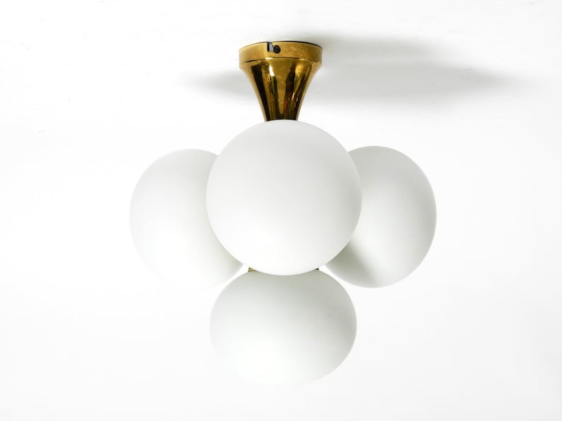Beautiful rare 1960s Space Age Kaiser Leuchten brass ceiling lamp with 4 white oval glass spheres image 1