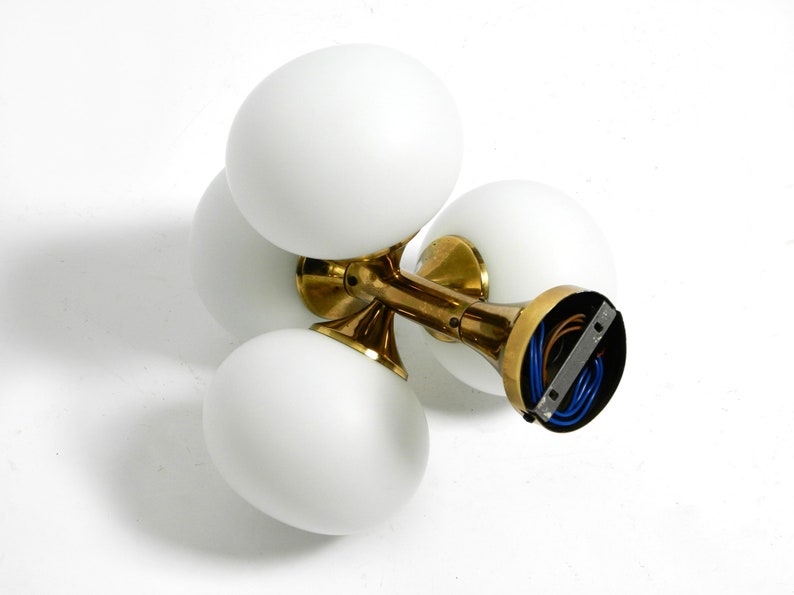Beautiful rare 1960s Space Age Kaiser Leuchten brass ceiling lamp with 4 white oval glass spheres image 6