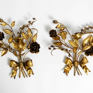Pair of large beautiful 1950&#39;s gilded metal Florentine candle holders and wall decoration