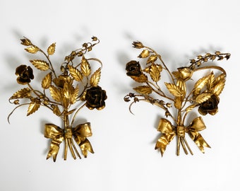 Pair of large beautiful 1950's gilded metal Florentine candle holders and wall decoration