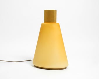 Beautiful large original 1990s postmodern design floor or table lamp made of yellow orange apricot-colored flashed glass