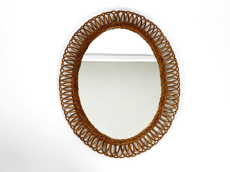 1960s Italian Large Oval Wall Mirror Made Of Bamboo Or Rattan In Loop Design