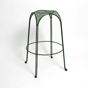 Beautiful, rare Italian 1960s bar stool made of green painted metal with perforated metal seat