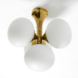 Beautiful rare 1960s Space Age Kaiser Leuchten brass ceiling lamp with 4 white oval glass spheres image 3