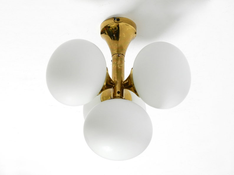 Beautiful rare 1960s Space Age Kaiser Leuchten brass ceiling lamp with 4 white oval glass spheres image 3