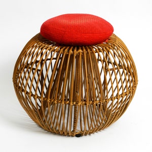 Beautiful extraordinary original 60s Italian bamboo rattan stool with its original seat cushion image 1