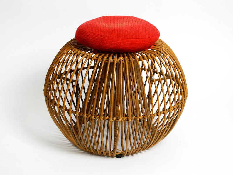 Beautiful extraordinary original 60s Italian bamboo rattan stool with its original seat cushion image 1
