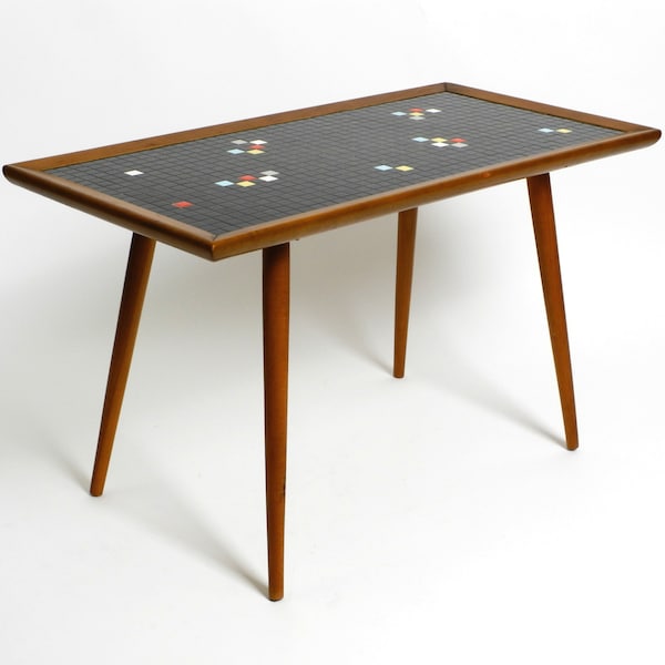 Beautiful long Mid Century walnut wood coffee table with a mosaic surface