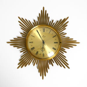 Beautiful large original 1960s brass sunburst wall clock by Junghans ATO-MAT