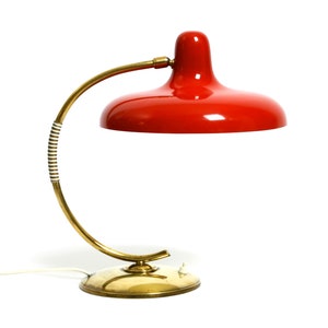 Beautiful large Mid Century Modern brass table lamp with red metal shade
