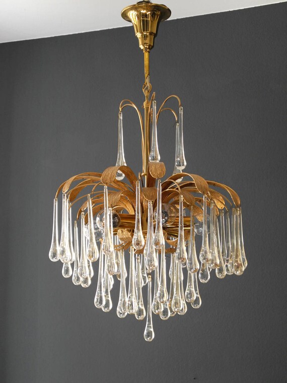 Rare 70s Palwa Brass Chandelier Pendant With Long Crystal Drops From Palme Wagner Germany
