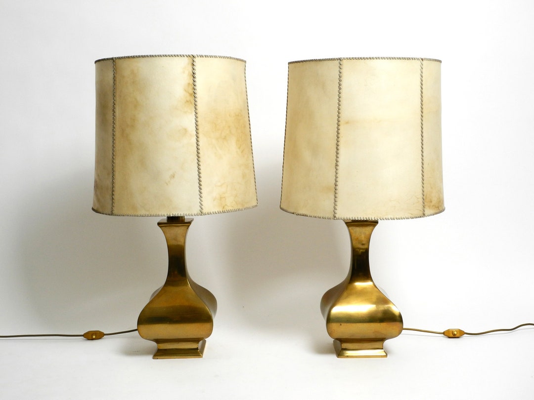 Pair of Very Large, Extraordinary 1950s Italian Brass Table Lamps With Huge  Vellum Leather Shades by Il Punto -  Denmark