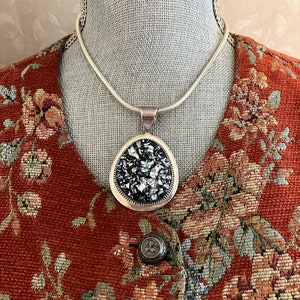 Vintage Sterling Silver Super Heavy Black Druzy Quartz Jay King Desert Rose Trading Post Pendant Necklace