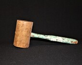 Wooden Mallet-Large Old Hammer-Primitive Handmade Tool-Solid Wood Construction-Post Stake Mallet-Green Paint Farm-Orphaned Treasure-K061019Y