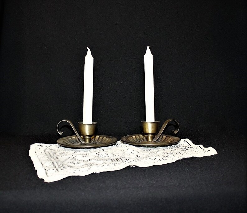 Vintage Metal CHAMBER CANDLESTICK Holders-Aged Patina-Taper Candle-Finger Handle-Country Bedroom Candle Dish-Orphaned Treasure-P012519D