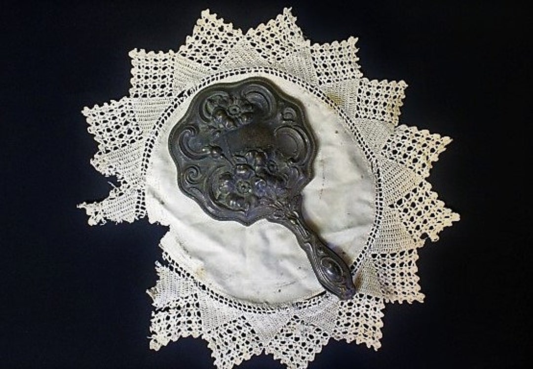 Antique French Art Nouveau Hand Mirror-repousse Flower Design-vintage