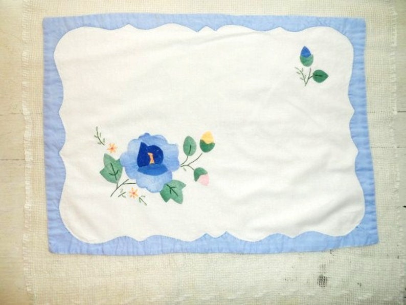 Floral Design-Blue Handmade Applique Flowers Cotton Placemats 3 Cloth Placemats-Vintage Handmade-Shabby Country Chic Table Placemats