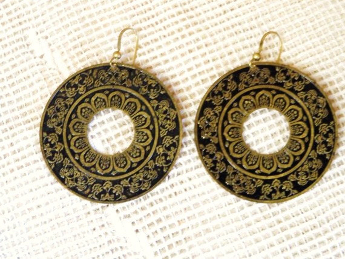 Exotic Vintage BRASS DROP EARRINGSLarge Decorative Dangle Etsy