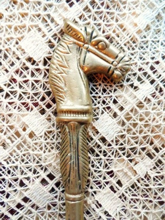 Equestrian Shoe Horn Vintage Solid 18" Brass Horses Head Shoe Boot Horn